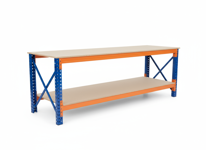 Werkbank 100cm hoog, 290cm breed, 80cm diep met boven en onderlaag