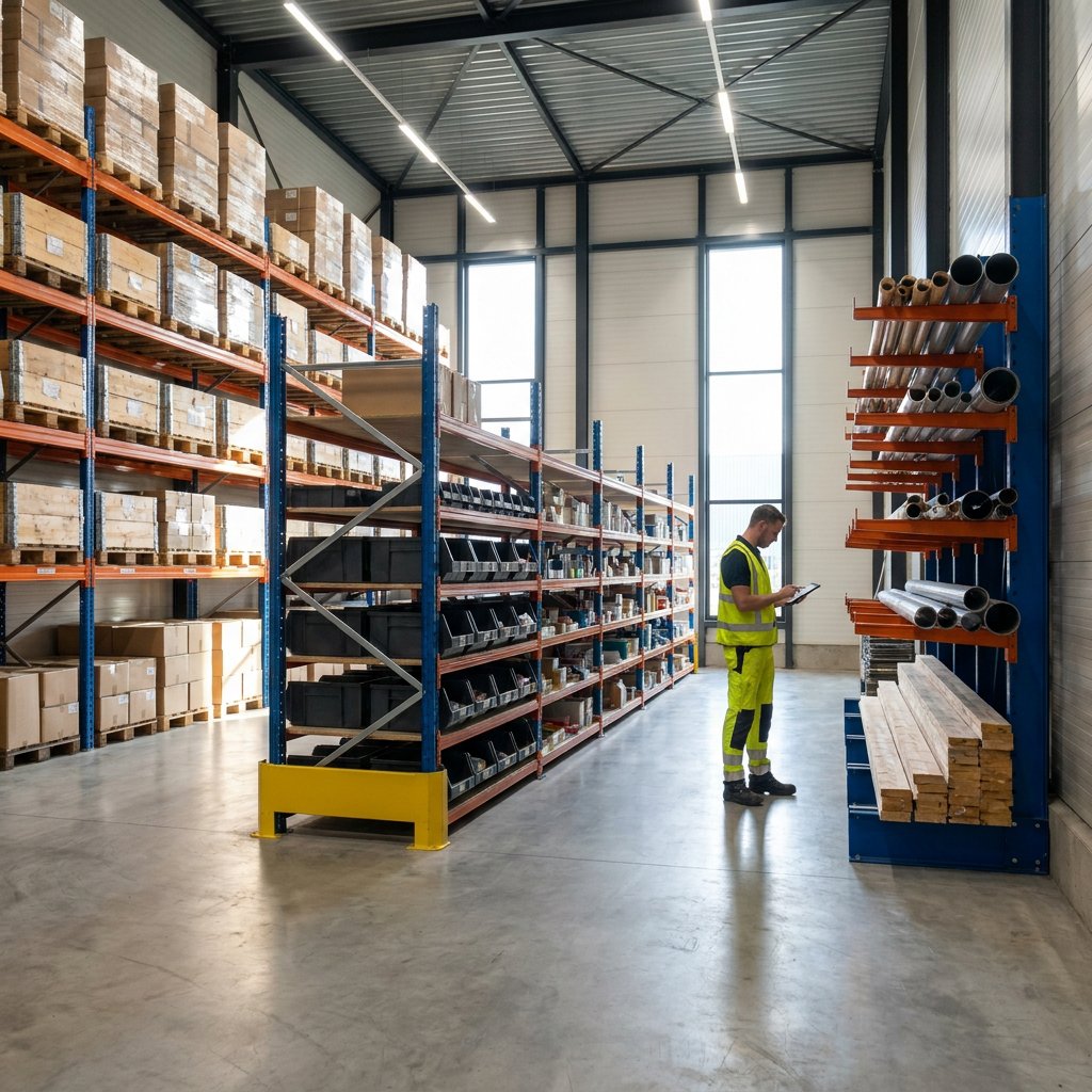 Overzicht van een modern magazijn met verschillende magazijnstellingen voor pallets, dozen en lange goederen, helder verlicht en netjes ingericht.