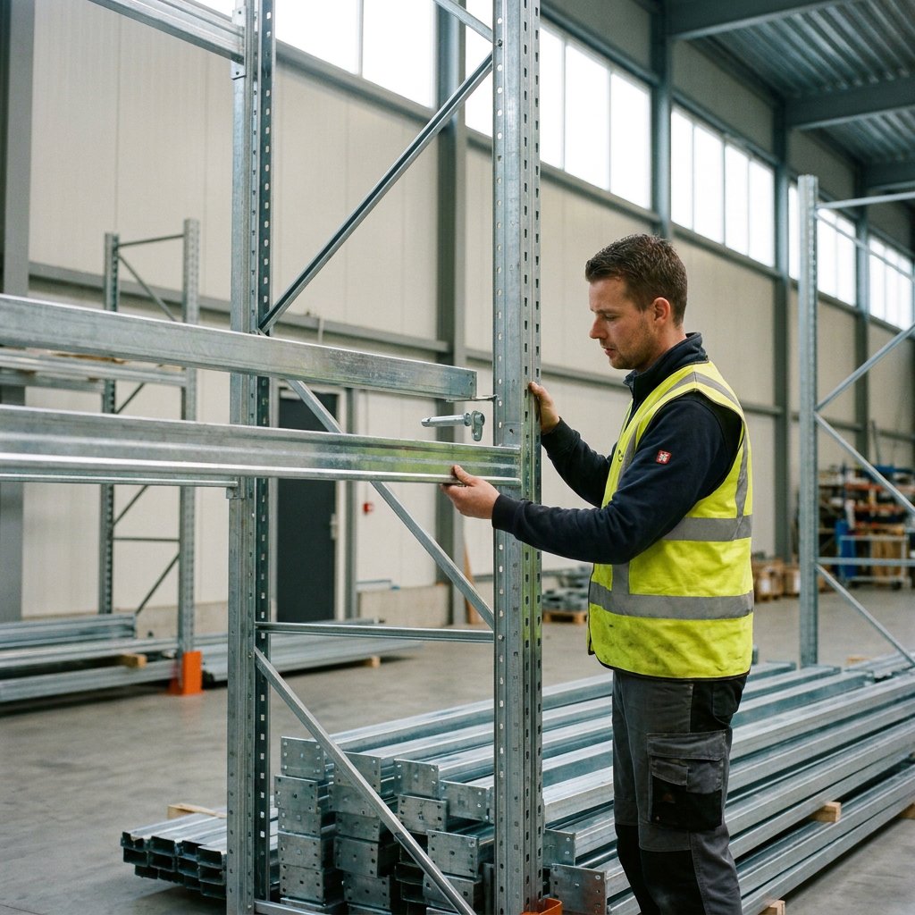 Magazijnmedewerker bekijkt liggers, frames en borgpennen bij een palletstelling in een net Nederlands warehouse met helder daglicht.