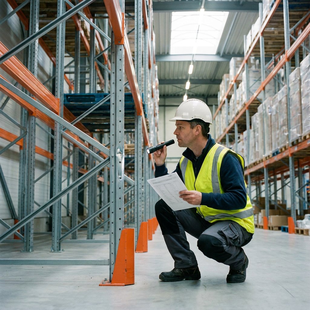 Medewerker inspecteert palletstellingen in een net Nederlands magazijn, met checklist en zichtbare schadecontrole bij heldere werkverlichting.