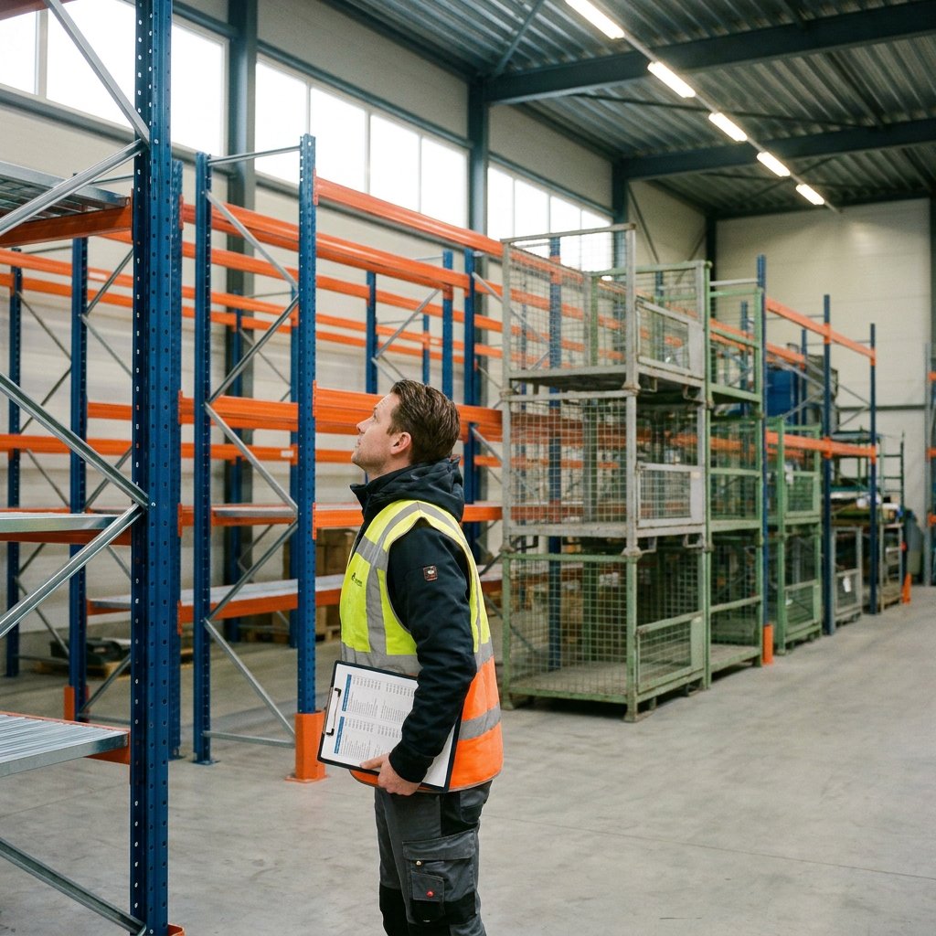 Medewerker bekijkt palletstellingen in een net Nederlands magazijn, met prijsdocumenten en verschillende stellinghoogtes in helder daglicht.