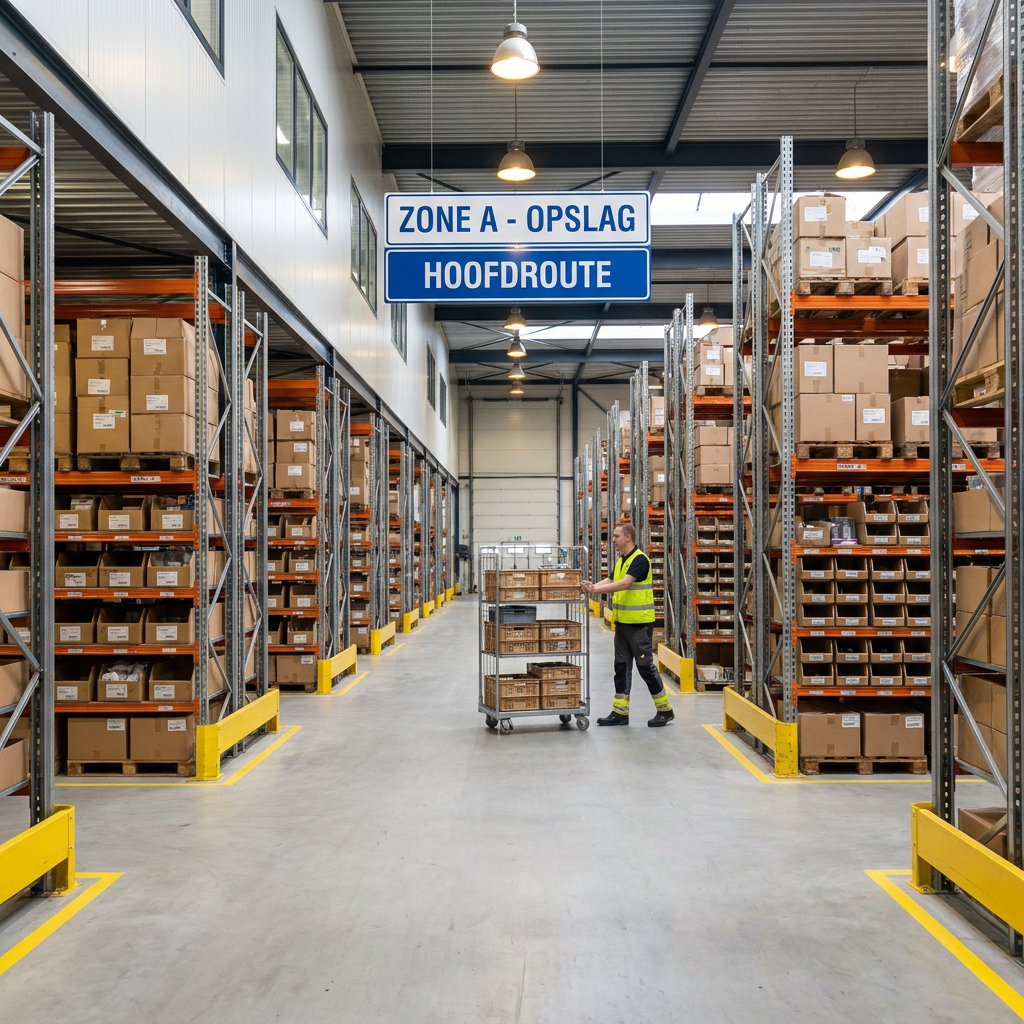 Overzichtelijk Nederlands magazijn met stellingen, brede looppaden en medewerker die orders pickt bij helder daglicht en een nette workflow.