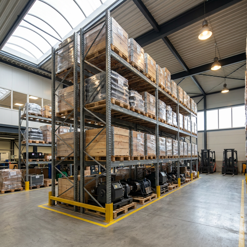 Net georganiseerd magazijn met een stow palletstelling, pallets met bulkvoorraad en zware goederen, helder daglicht en een professionele industriële sfeer.