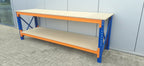 Werkbank 100cm hoog, 290cm breed, 80cm diep met bovenlaag