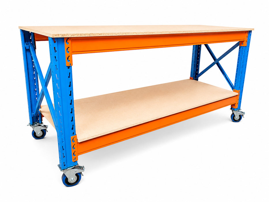 Stow werkbank met onderlaag op wielen – 250 kg per wiel - 380 cm breed × 80 cm diep × 100 cm hoog