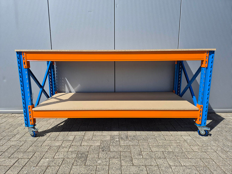 Stow werkbank met onderlaag op wielen – 250 kg per wiel - 380 cm breed × 80 cm diep × 100 cm hoog