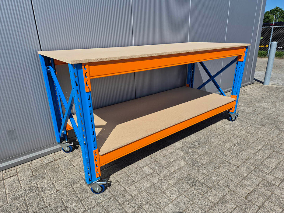 Stow werkbank met onderlaag op wielen – 250 kg per wiel - 380 cm breed × 80 cm diep × 100 cm hoog