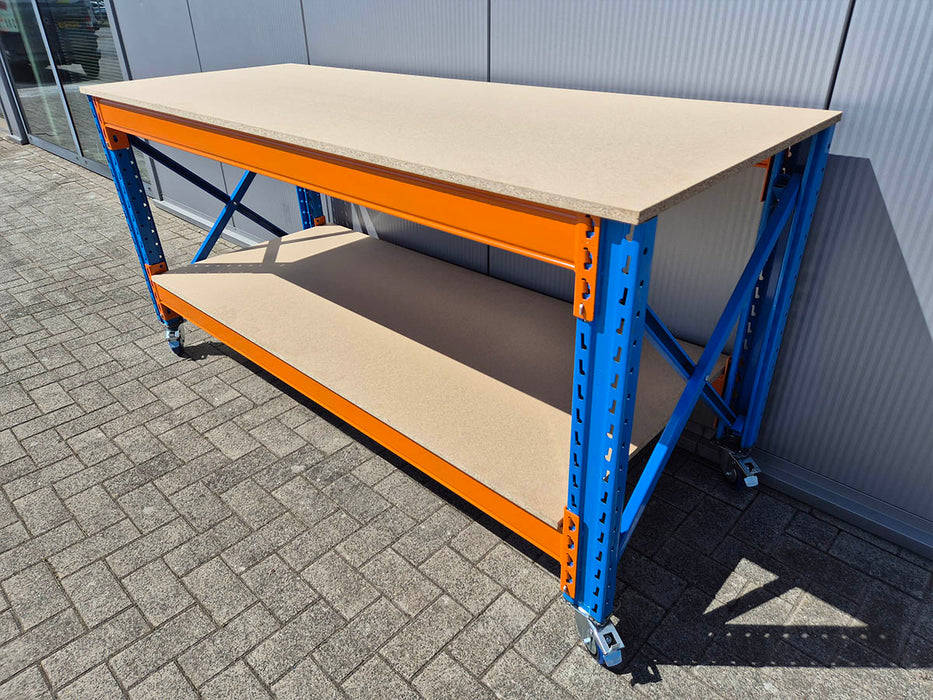 Stow werkbank met onderlaag op wielen – 250 kg per wiel - 380 cm breed × 80 cm diep × 100 cm hoog