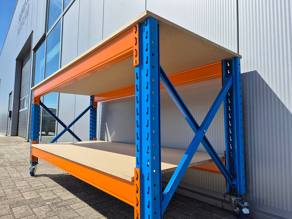 Stow werkbank met onderlaag op wielen – 250 kg per wiel - 380 cm breed × 80 cm diep × 100 cm hoog
