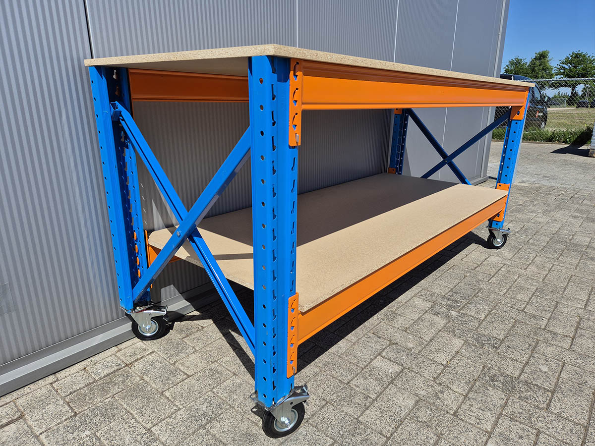 Stow werkbank met onderlaag op wielen – 100 kg per wiel - 380 cm breed × 80 cm diep × 100 cm hoog